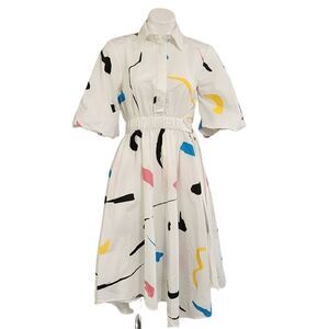 Lovebirds white printed midi dress abstract puff sleeve artsy Sz S